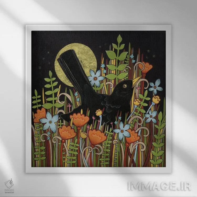 تابلو مرغ سیاهبال (بلکبرد؛ پرنده) اثر آنیتا اینوراریتی - نمای قابدار سفید