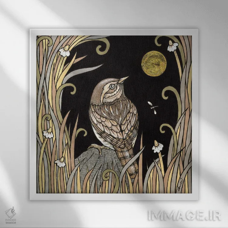 تابلو پرنده جنبانک پنهانشده (Wren: نوعی پرنده) اثر آنیتا اینوراریتی - نمای قابدار سفید