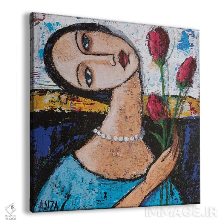 تابلو دختر با لالههای صورتی اثر آسایزا - نمای پرسپکتیو محصول