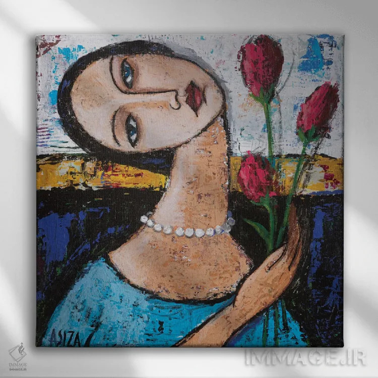 تابلو دختر با لالههای صورتی اثر آسایزا - نمای روبهرو روی دیوار