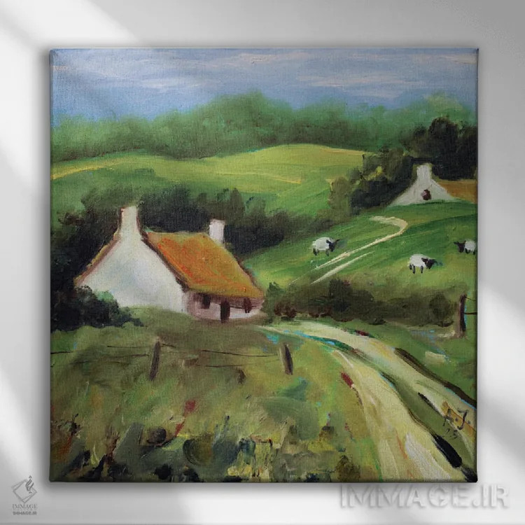 تابلو منظره با گوسفند اثر الکساندرا جاگودا - نمای روبهرو روی دیوار