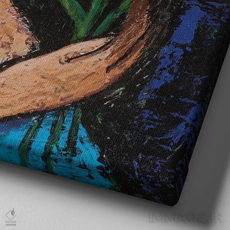 تابلو دختر با لالههای صورتی اثر آسایزا - نمای نزدیک بافت بوم