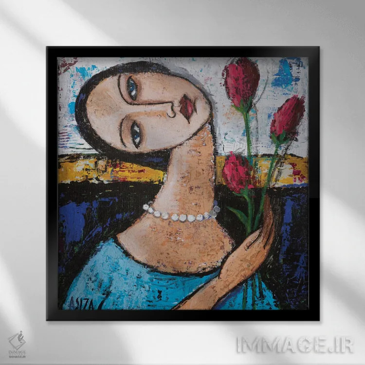 تابلو دختر با لالههای صورتی اثر آسایزا - نمای قابدار مشکی