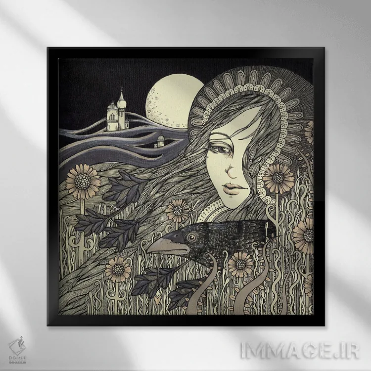 تابلو موریگان (الهه جنگ در اسطوره ایرلندی) اثر آنیتا اینوراریتی - نمای قابدار مشکی