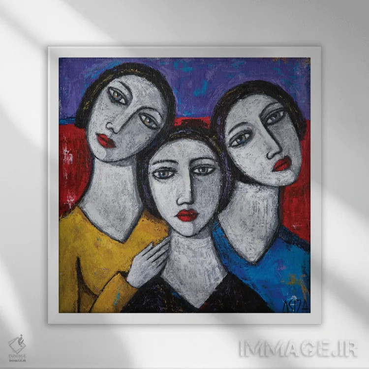 تابلو مادر و دختران اثر آسایزا - نمای قابدار سفید