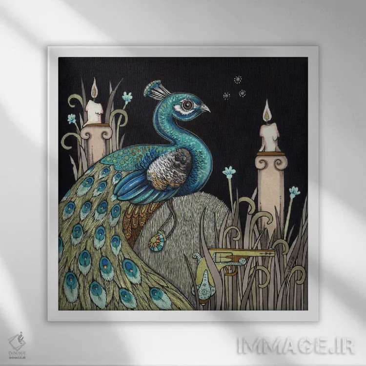 تابلو خانم پیکاک اثر آنیتا اینوراریتی - نمای قابدار سفید