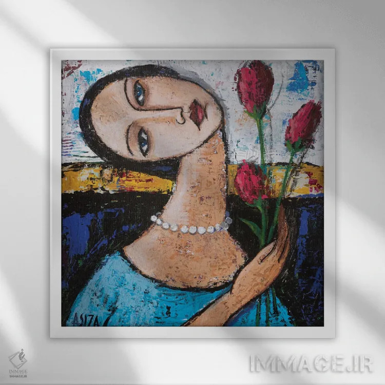 تابلو دختر با لالههای صورتی اثر آسایزا - نمای قابدار سفید