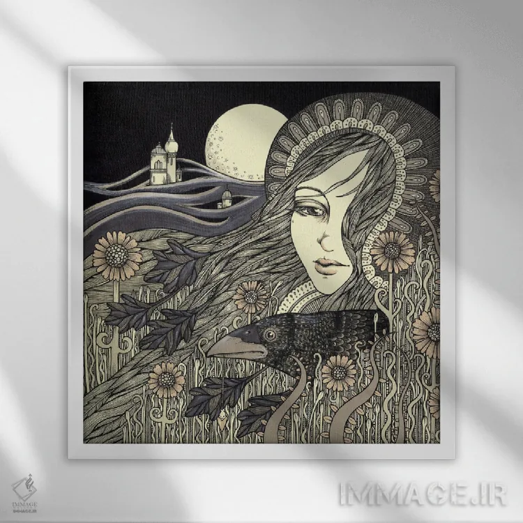 تابلو موریگان (الهه جنگ در اسطوره ایرلندی) اثر آنیتا اینوراریتی - نمای قابدار سفید