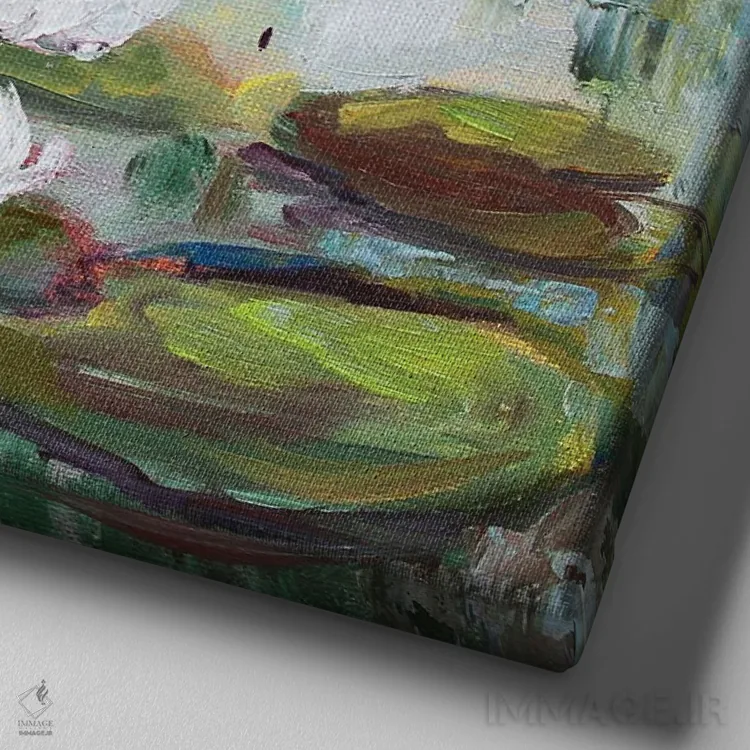 تابلو نیلوفرهای آبی در تالاب اثر الکساندرا جاگودا - نمای نزدیک بافت بوم