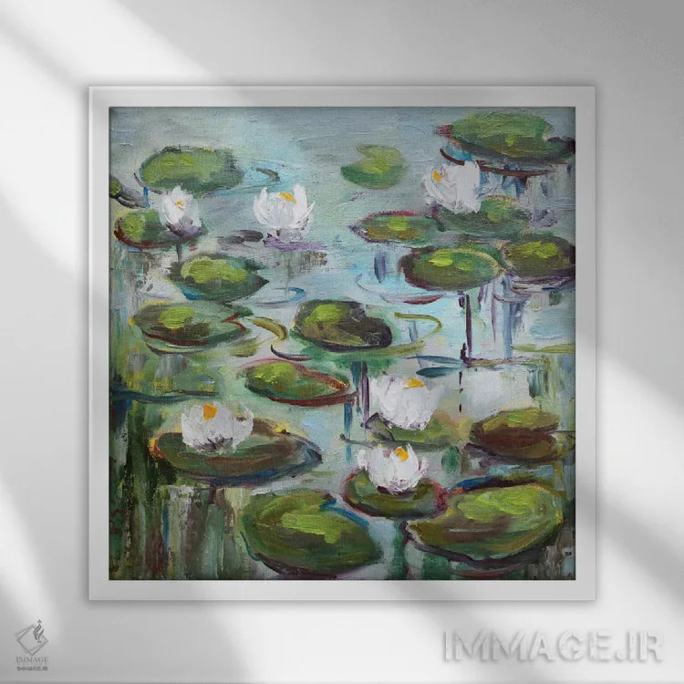 تابلو نیلوفرهای آبی در تالاب اثر الکساندرا جاگودا - نمای قابدار سفید