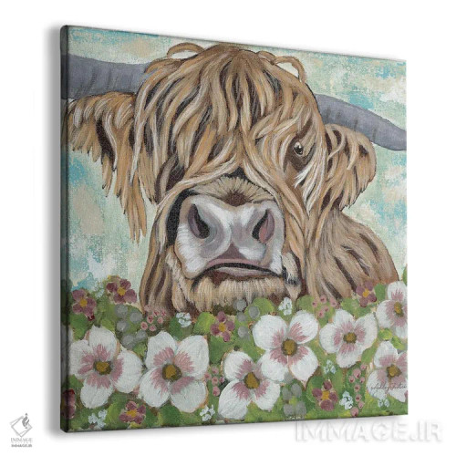 تابلو گاو کوهستانی گلدار اثر اشلی جاستیس - نمای پرسپکتیو محصول