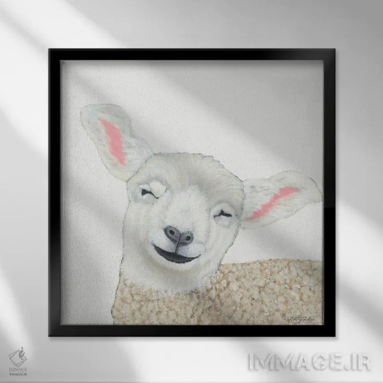 تابلو گوسفند خندان اثر اشلی جاستیس - نمای قابدار مشکی