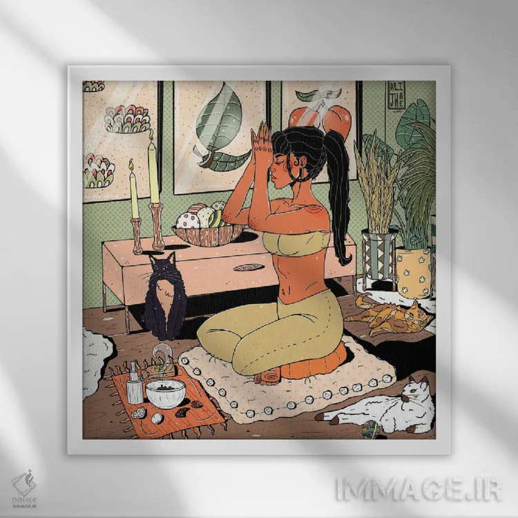 تابلو سه گربه اثر علیجاه وست - نمای قابدار سفید