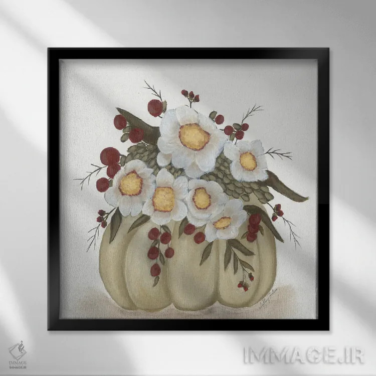 تابلو کدو تنبل گلدار اثر اشلی جاستیس - نمای قابدار مشکی