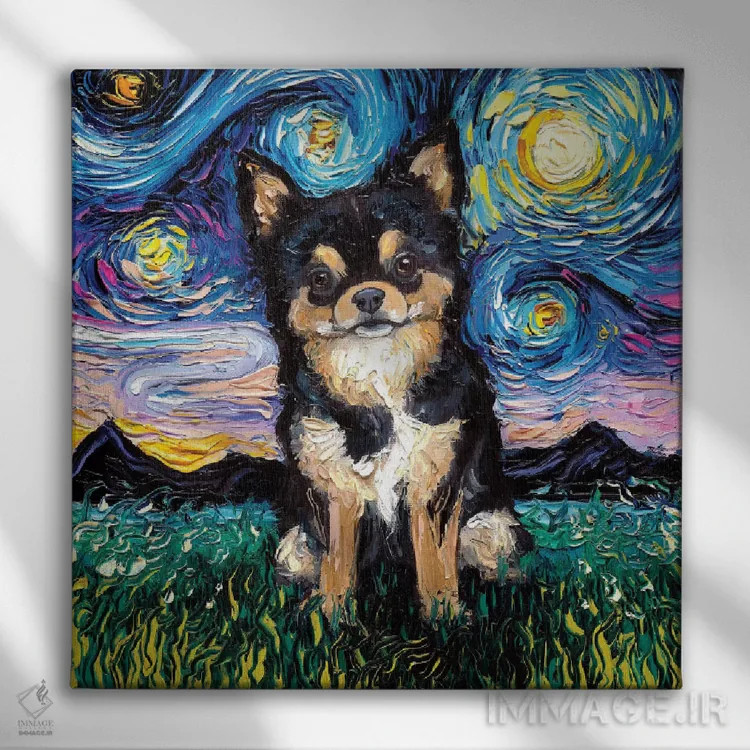 تابلو شب چیواوا سیاه و قهوهای اثر آجا تریر - نمای روبهرو روی دیوار