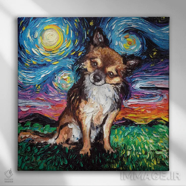 تابلو شب چیواوای مو بلند اثر آجا تریر - نمای روبهرو روی دیوار