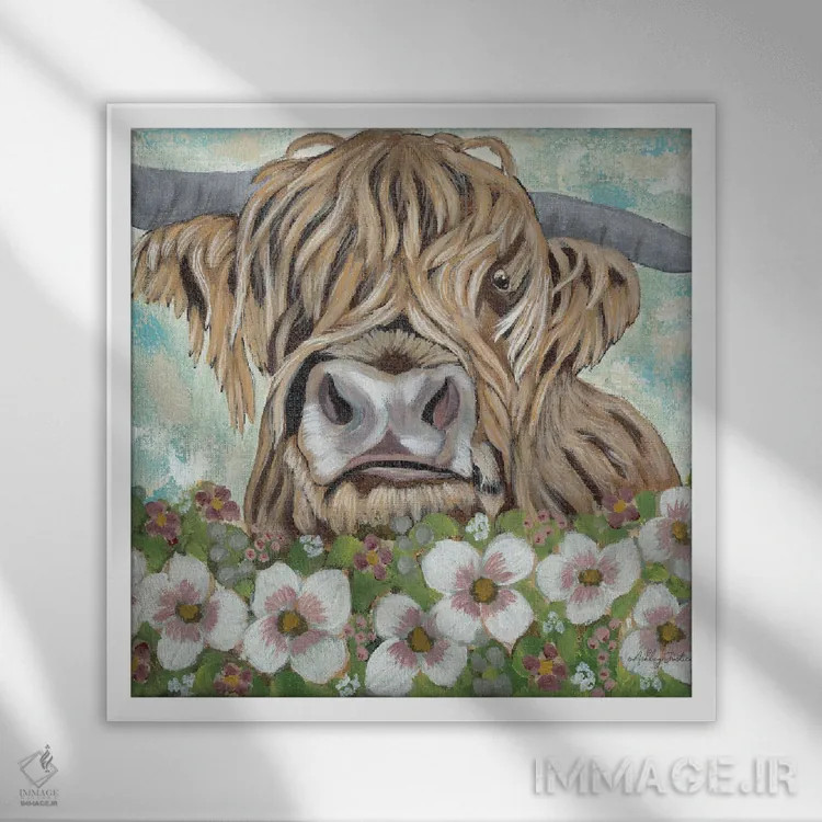 تابلو گاو کوهستانی گلدار اثر اشلی جاستیس - نمای قابدار سفید