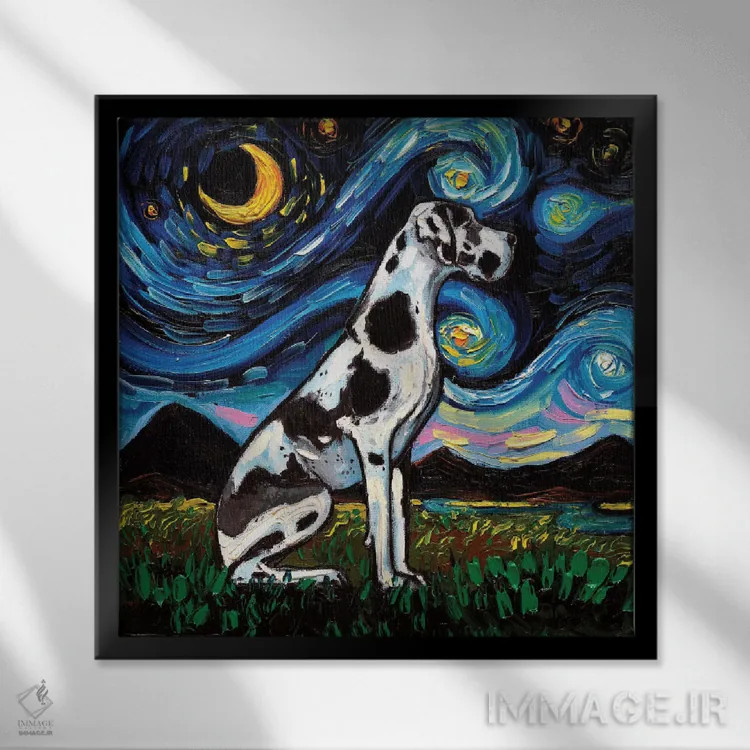 تابلو شب گریٹ باور هارلکین (سگ لکهدار) اثر آجا تریر - نمای قابدار مشکی