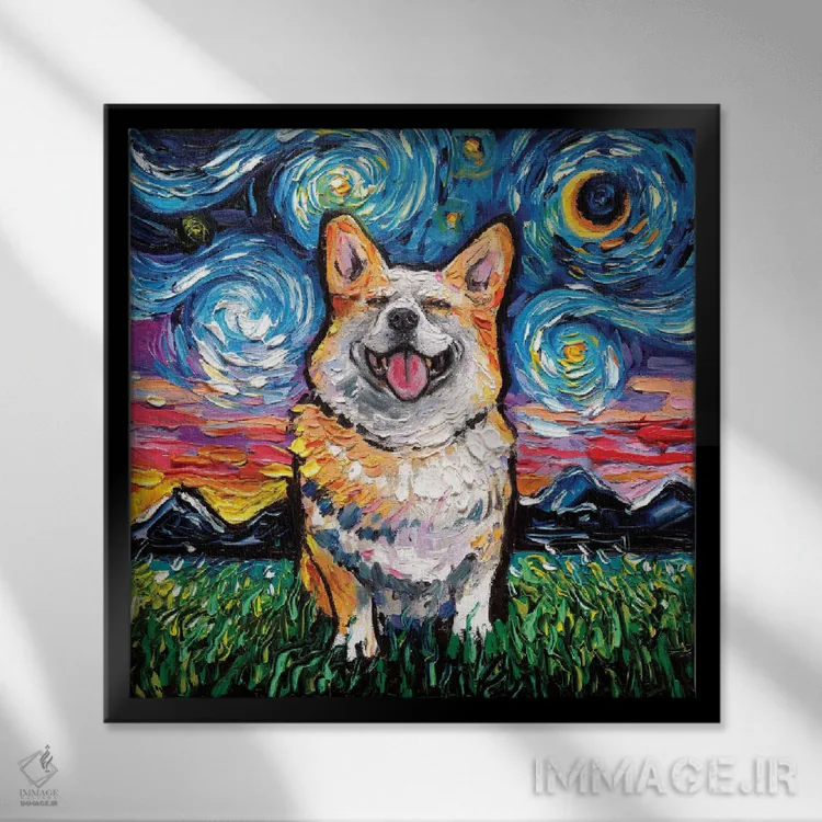 تابلو شب کورگی خندان اثر آجا تریر - نمای قابدار مشکی