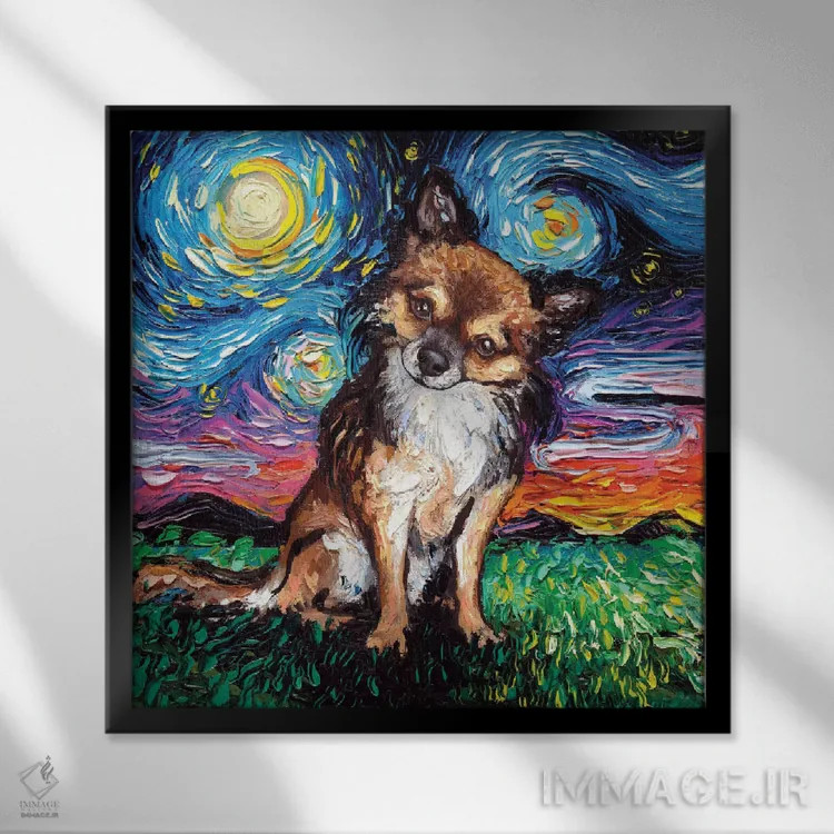 تابلو شب چیواوای مو بلند اثر آجا تریر - نمای قابدار مشکی