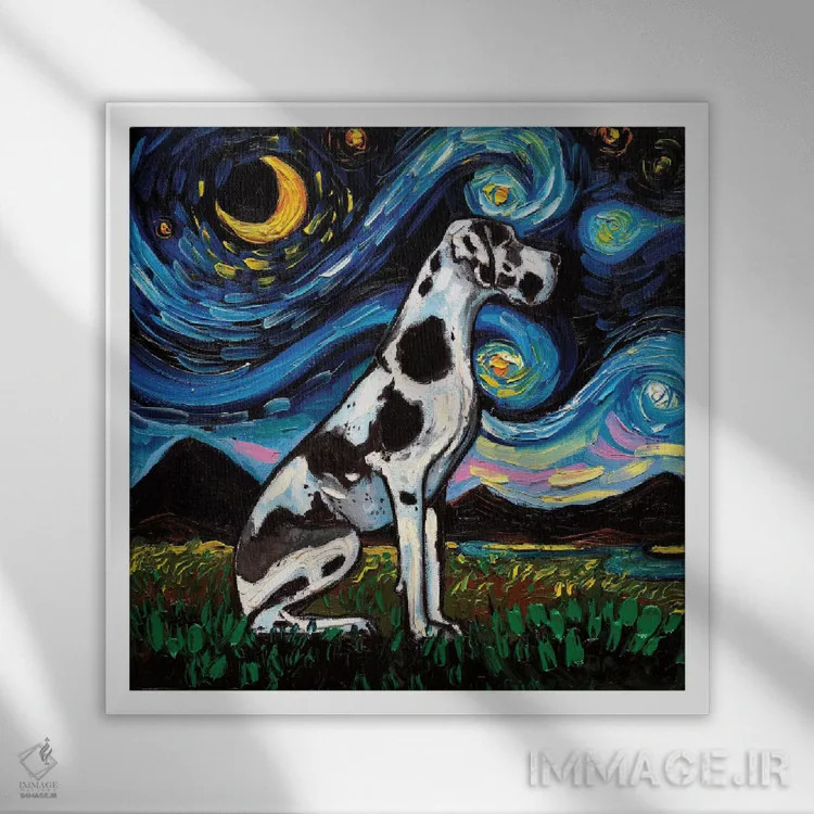 تابلو شب گریٹ باور هارلکین (سگ لکهدار) اثر آجا تریر - نمای قابدار سفید