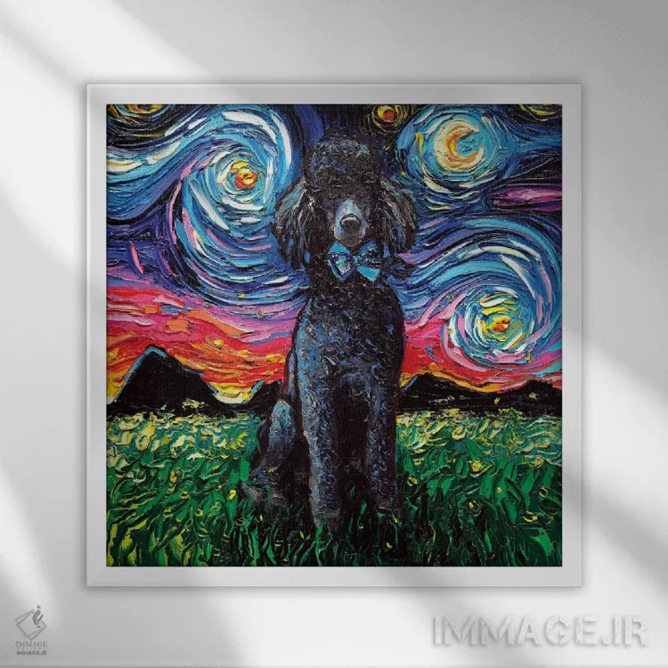 تابلو شب پودل سیاه اثر آجا تریر - نمای قابدار سفید