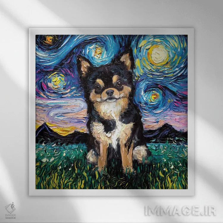 تابلو شب چیواوا سیاه و قهوهای اثر آجا تریر - نمای قابدار سفید