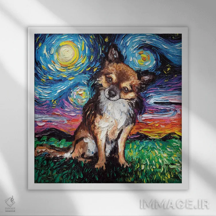 تابلو شب چیواوای مو بلند اثر آجا تریر - نمای قابدار سفید