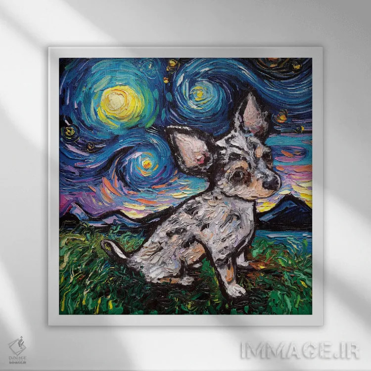 تابلو شب چیواوای مرل مینیاتوری اثر آجا تریر - نمای قابدار سفید