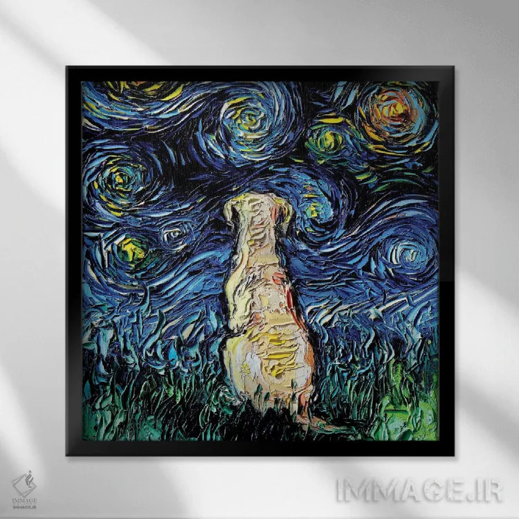 تابلو شب لابرادور زرد اثر آجا تریر - نمای قابدار مشکی