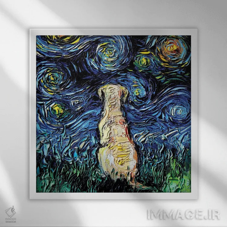 تابلو شب لابرادور زرد اثر آجا تریر - نمای قابدار سفید