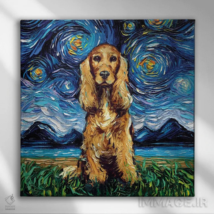 تابلو شب کوکر اسپانیل طلایی اثر آجا تریر - نمای روبهرو روی دیوار