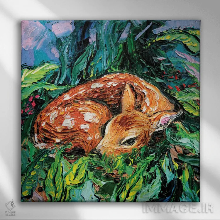 تابلو گوزن برنزه (Fawn) یا نخودی (در صورت اشاره به رنگ) اثر آجا تریر - نمای روبهرو روی دیوار