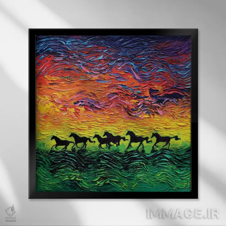 تابلو اسبهای وحشی اثر آجا تریر - نمای قابدار مشکی