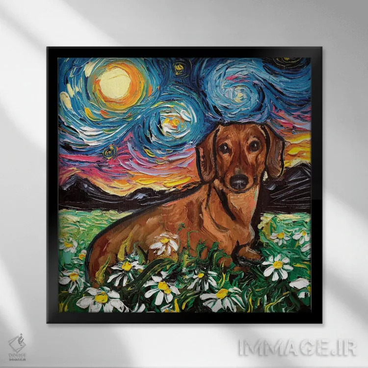 تابلو شب داشهوند دیزی (نام سگ) اثر آجا تریر - نمای قابدار مشکی