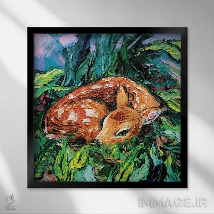 تابلو گوزن برنزه (Fawn) یا نخودی (در صورت اشاره به رنگ) اثر آجا تریر - نمای قابدار مشکی