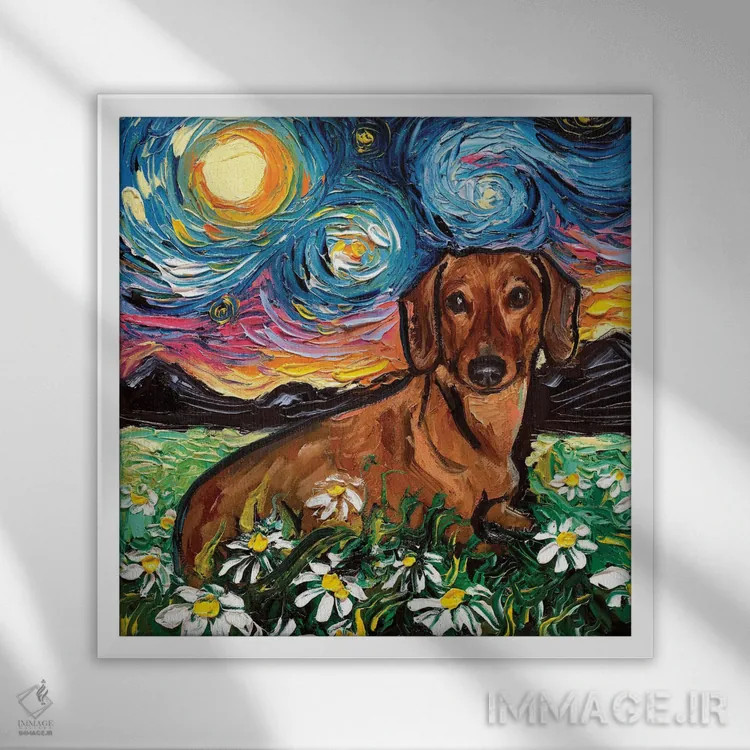 تابلو شب داشهوند دیزی (نام سگ) اثر آجا تریر - نمای قابدار سفید