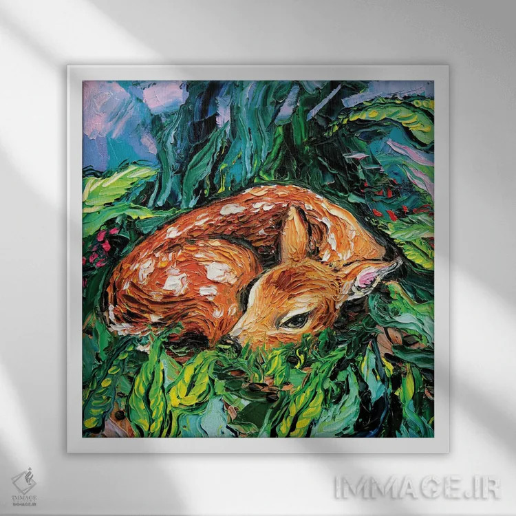 تابلو گوزن برنزه (Fawn) یا نخودی (در صورت اشاره به رنگ) اثر آجا تریر - نمای قابدار سفید