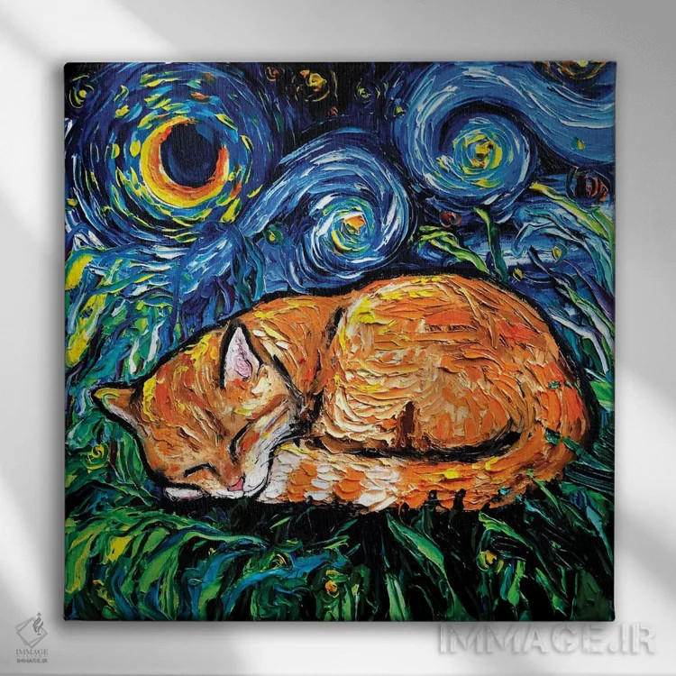 تابلو شب گربه راهراه نارنجی اثر آجا تریر - نمای روبهرو روی دیوار