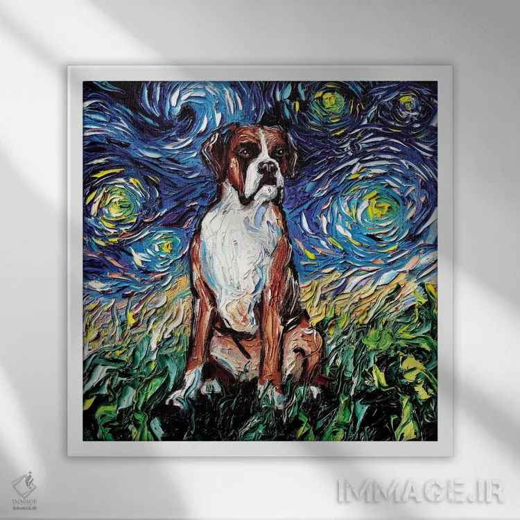 تابلو شب باکسر (نژاد سگ) اثر آجا تریر - نمای قابدار سفید