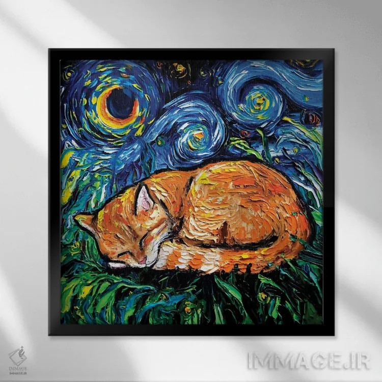 تابلو شب گربه راهراه نارنجی اثر آجا تریر - نمای قابدار مشکی