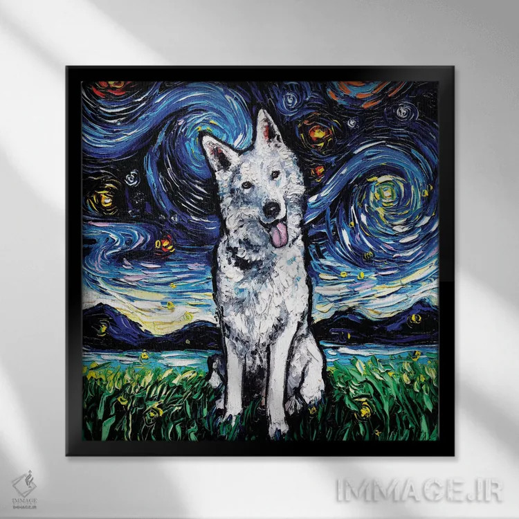 تابلو شب شپرد سوئیسی اثر آجا تریر - نمای قابدار مشکی