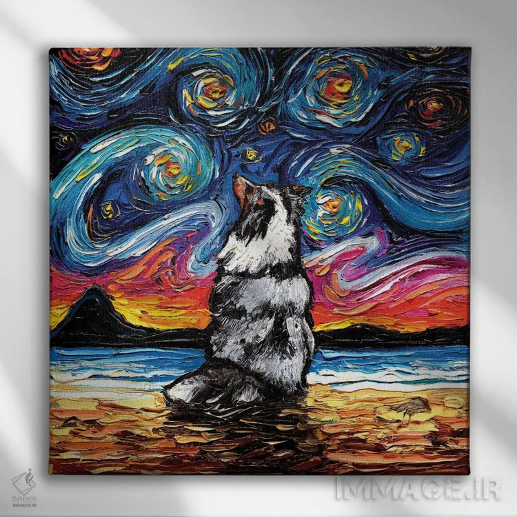 تابلو شب شتلند مرل شپرد (نژاد سگ؛ طرح مرل) اثر آجا تریر - نمای روبهرو روی دیوار