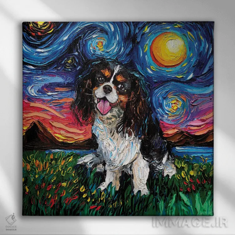 تابلو شب اسپانیل سهرنگ کاوالیر کینگ چارلز اثر آجا تریر - نمای روبهرو روی دیوار