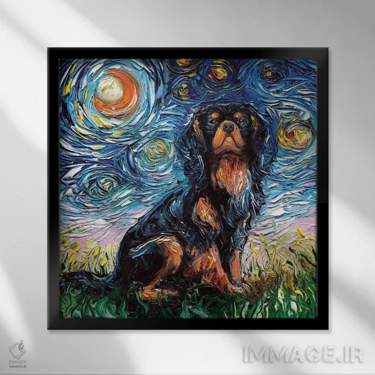 تابلو شب اسپانیل پادشاه چارلز کاوالیر اثر آجا تریر - نمای قابدار مشکی