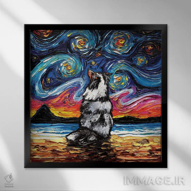 تابلو شب شتلند مرل شپرد (نژاد سگ؛ طرح مرل) اثر آجا تریر - نمای قابدار مشکی