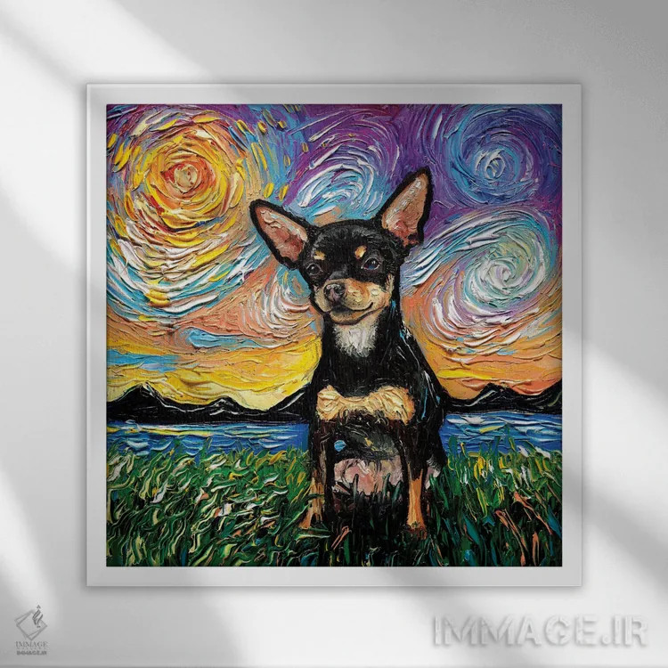 تابلو شب چیواوا سیاه و قهوهای موکوتاه اثر آجا تریر - نمای قابدار سفید