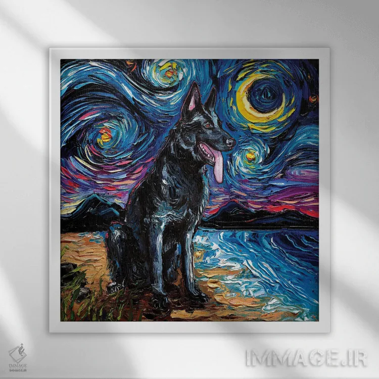 تابلو شب شپرد آلمانی سیاه اثر آجا تریر - نمای قابدار سفید