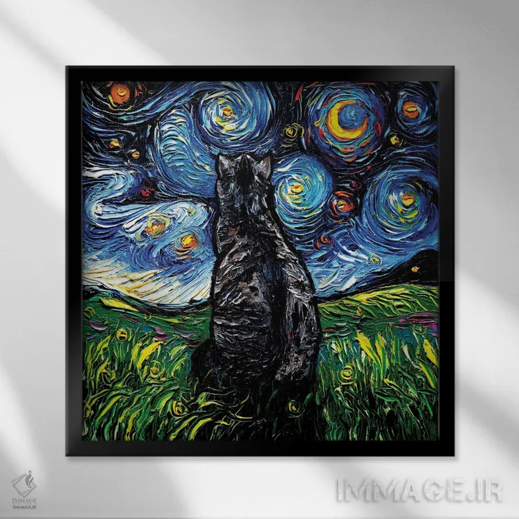 تابلو شب گربه خاکستری راهراه اثر آجا تریر - نمای قابدار مشکی