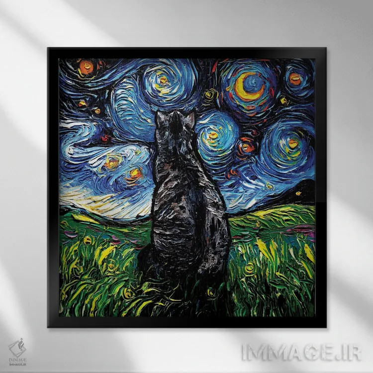 تابلو شب گربه خاکستری راهراه اثر آجا تریر - نمای قابدار مشکی